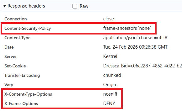 セキュリティ設定後の HTTP レスポンスヘッダー