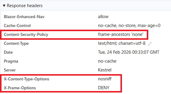 セキュリティ設定後の HTTP レスポンスヘッダー